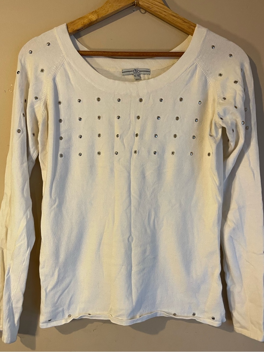 CYC White Silver Studded Grommet Embellished Long Sleeve Scoop Neck Sweater XL